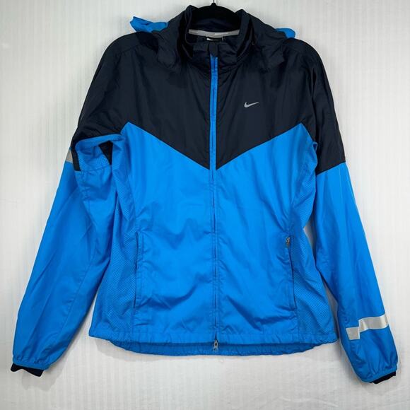 Nike Running Blue Black Jacket Women’s Medium Removable  Hood Sporty Athletic - Picture 1 of 11
